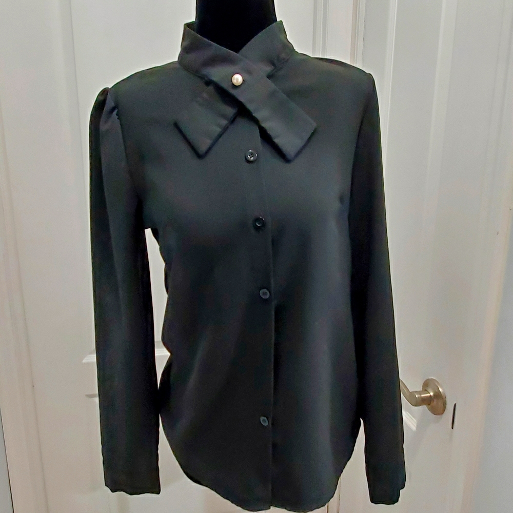 Black Shirt with Faux Pearl Button